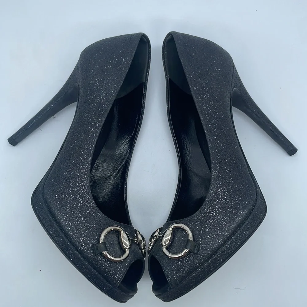 Gucci Black Leather silver glitter peep toe horsebit pumps 37